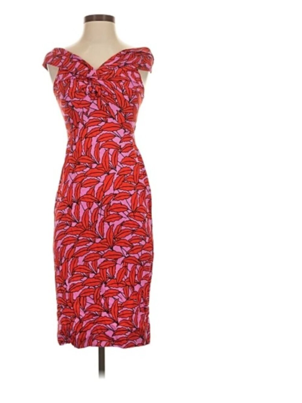 Diane von Furstenberg DVF Red Pink Leaf/Lips Twist Front Sheath Dress - Size 6